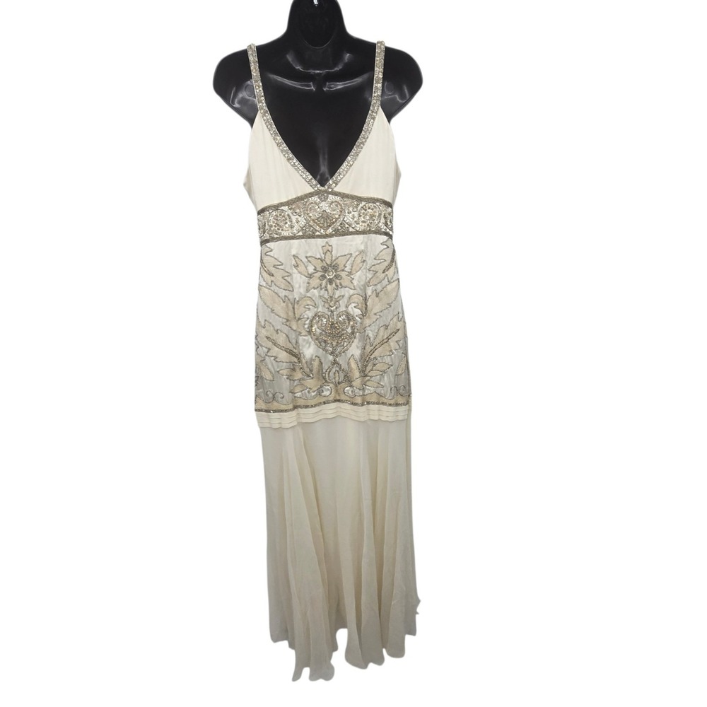 Vintage 90s Y2K Sue Wong "Nocturne" Silk Beaded Gown Womens 8 Deco Downtown Abby